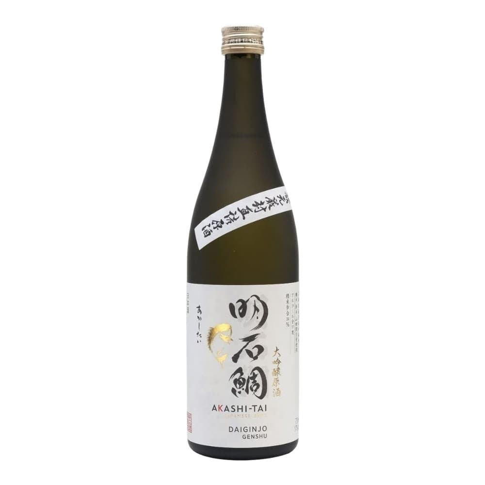 A dark glass bottle of Akashi-Tai Daiginjo Genshu sake with a white label and gold foil accents, photographed against a plain white background.