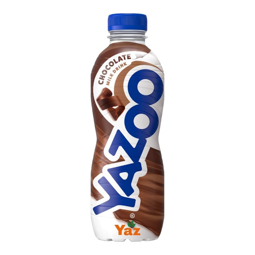 A Yazoo chocolate milk drink bottle with a blue cap and logo, isolated on a white background.