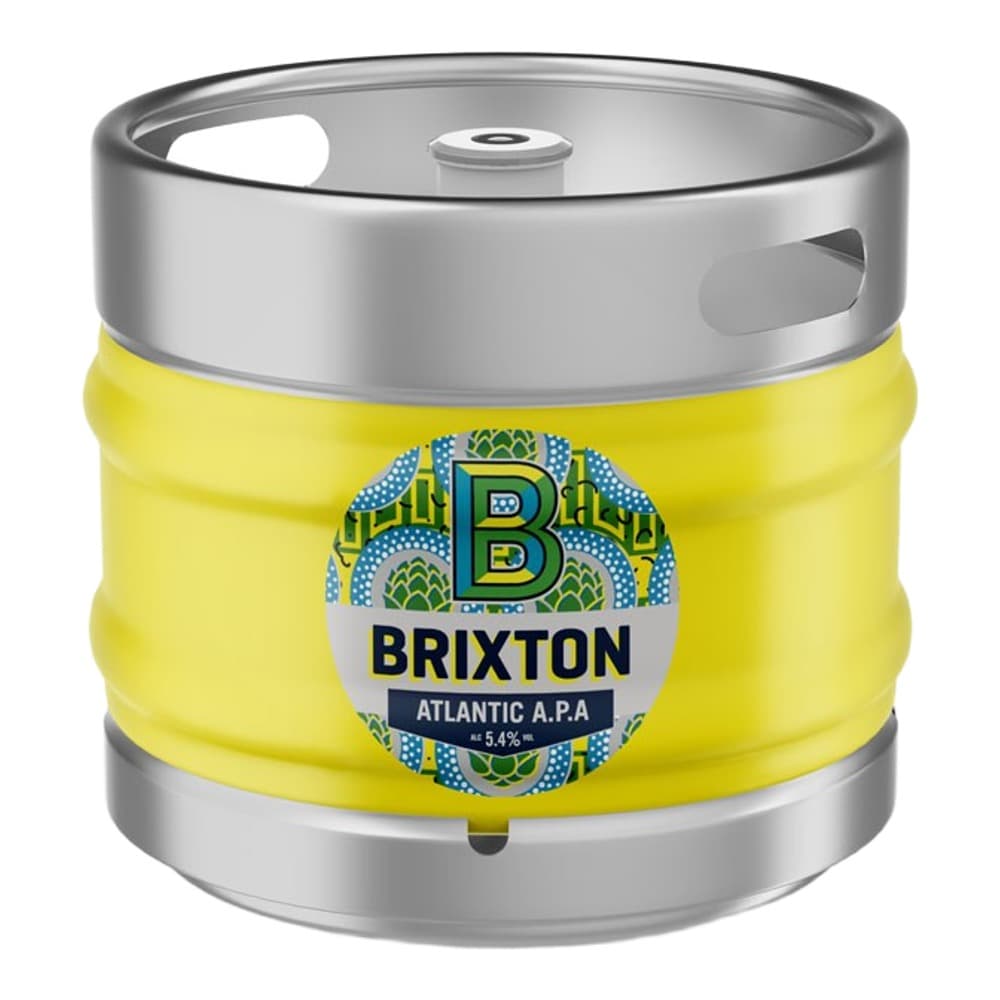 A bright yellow mini beer keg with silver top and bottom bands featuring the Brixton Atlantic A.P.A. label, displayed against a white background.