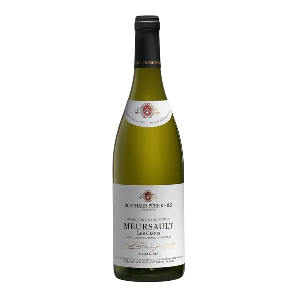 A bottle of Bouchard Père & Fils Meursault Les Clous white wine against a plain white background