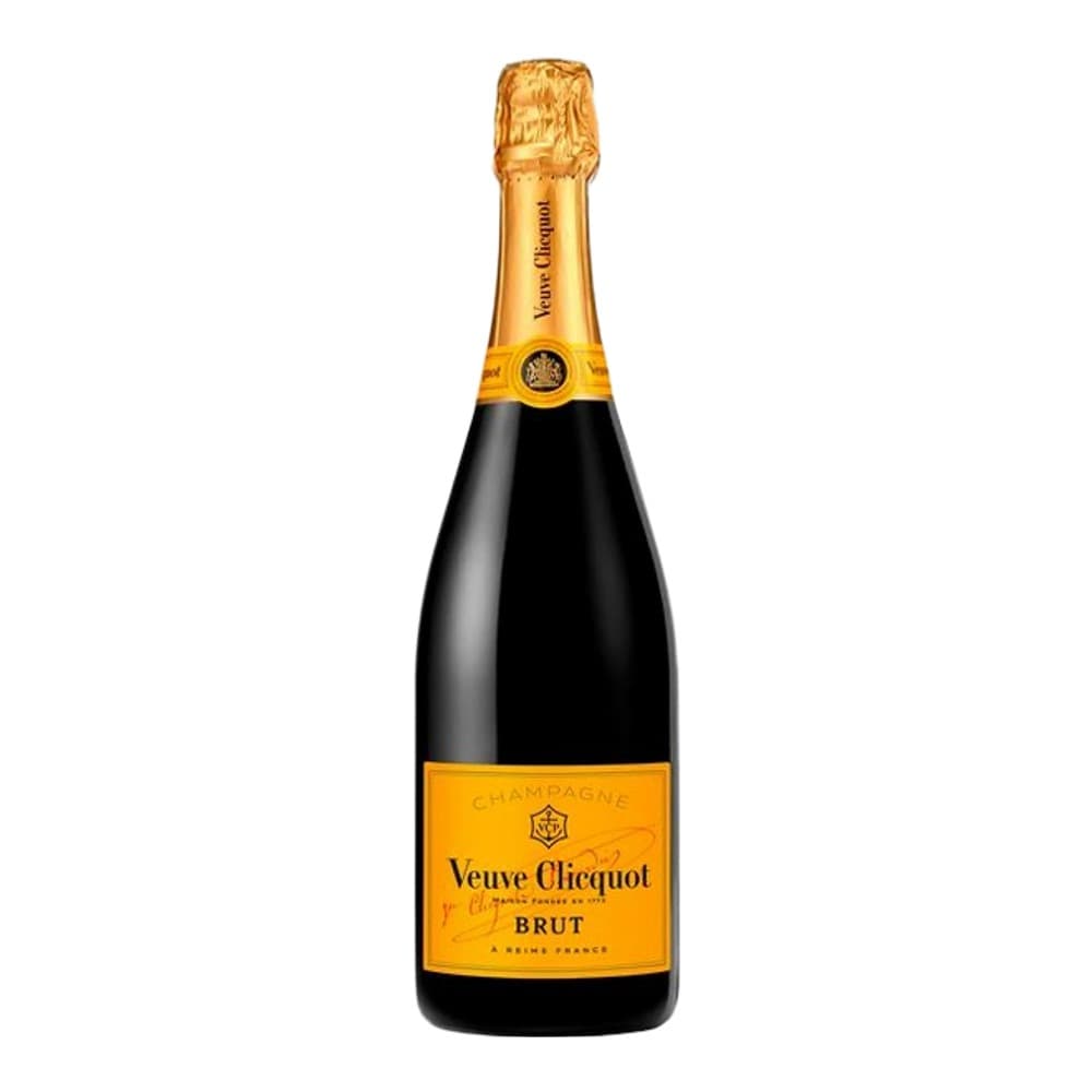 A bottle of Veuve Clicquot Brut Champagne with gold foil and yellow label on a white background