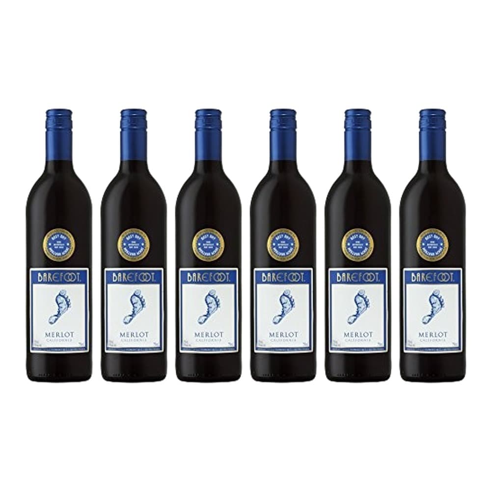 Six bottles of Barefoot Merlot red wine arranged in a row against a white background