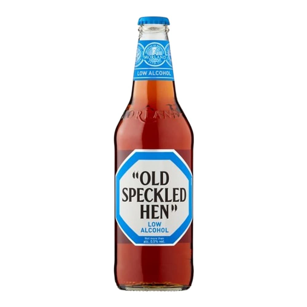 A bottle of Old Speckled Hen low alcohol beer with a blue label and cap, isolated against a white background.