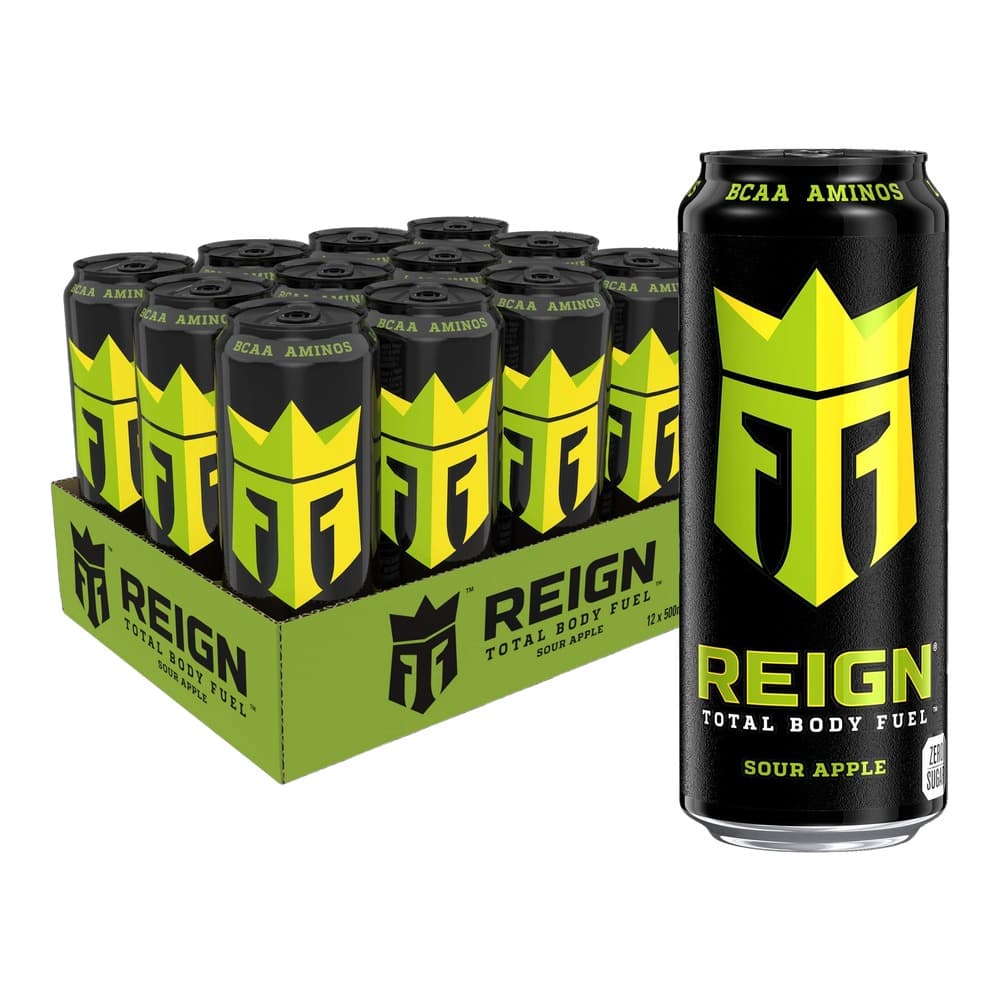 A 12-pack carton and single can of Reign Total Body Fuel Sour Apple energy drink with black and neon yellow branding featuring the crown logo