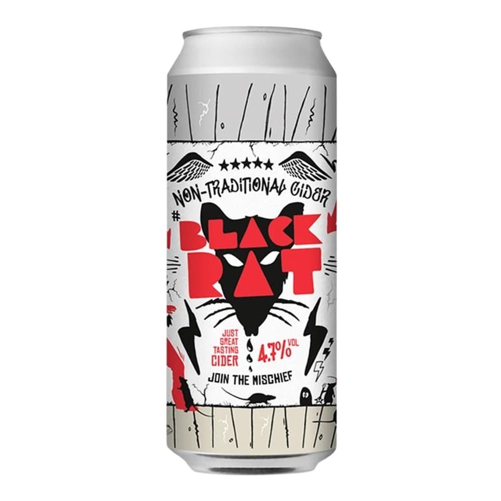 A 440ml can of Black Rat non-traditional cider featuring a bold red and black cat logo design on a white background with decorative line art.