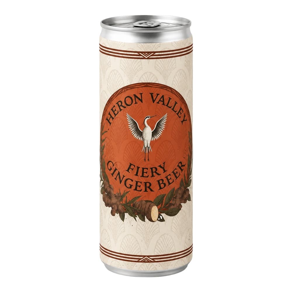 A tall aluminium can of Heron Valley Fiery Ginger Beer with an orange label featuring a white heron and ginger root illustration on a cream background.