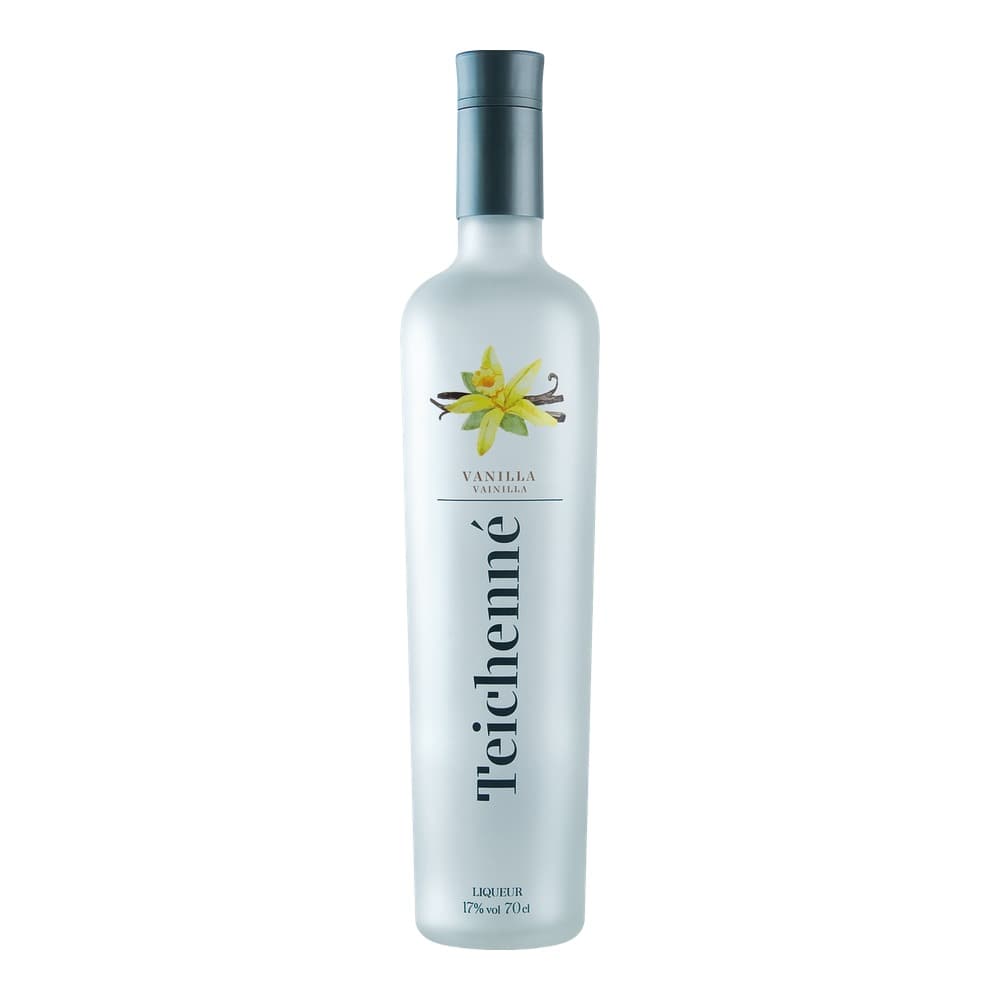 A frosted glass bottle of Teichenne vanilla liqueur with a dark grey cap and vanilla flower illustration on the label.