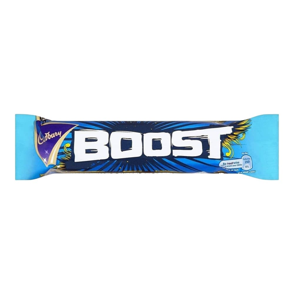 A Cadbury Boost chocolate bar isolated on a white background, featuring blue and purple packaging with the large white BOOST logo.