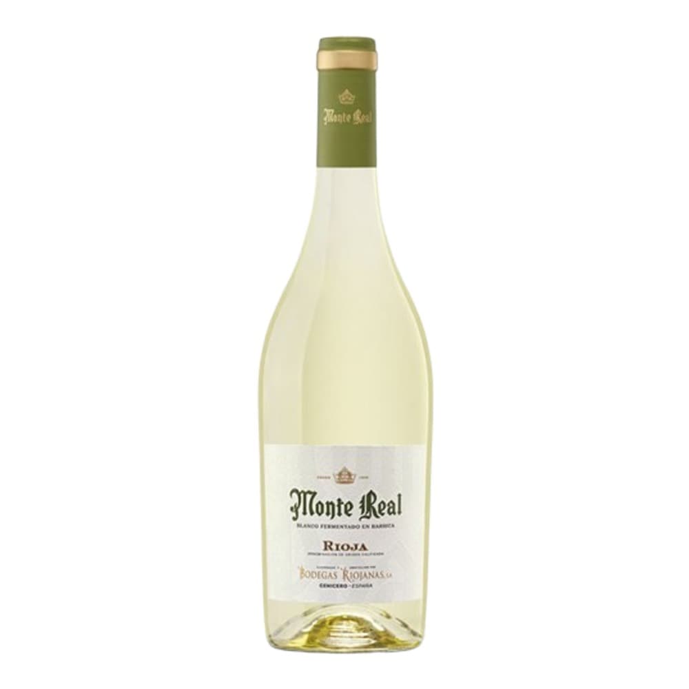 A bottle of Monte Real Rioja white wine with a pale yellow liquid, displayed against a plain white background.