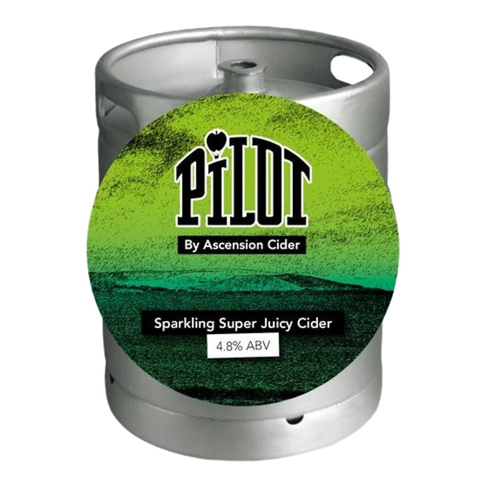 A stainless steel keg with a bright green and teal circular label featuring the Pilori brand logo and product information for sparkling super juicy cider.