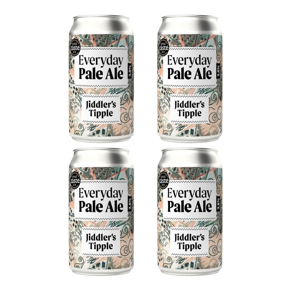 Four aluminium cans of Jiddler's Tipple Everyday Pale Ale arranged in a 2x2 grid on a white background. Each can features a decorative label with botanical and ornamental design elements in teal and coral tones.