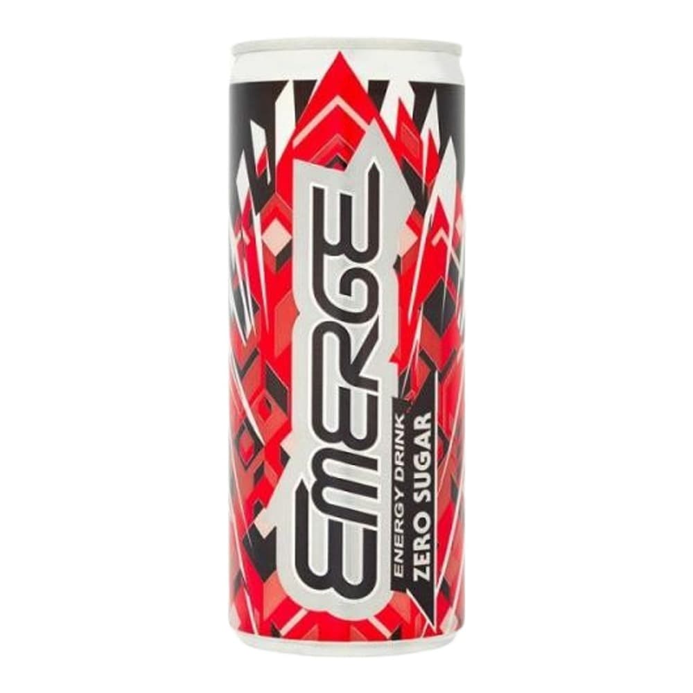 Red and black Emerge energy drink can with zero sugar formulation on white background