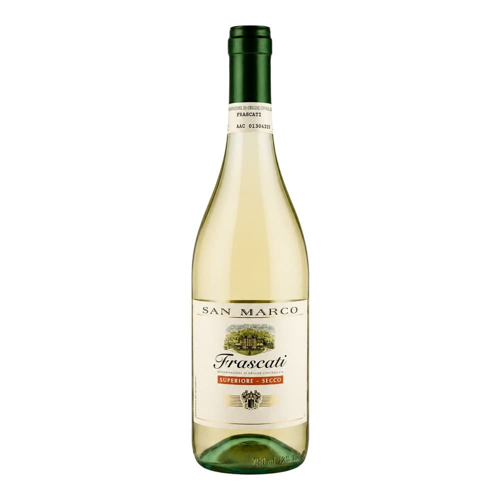 A bottle of San Marco Frascati Superiore Secco white wine with a green cap and cream-coloured label, featuring a villa illustration and orange banner, isolated on a white background.