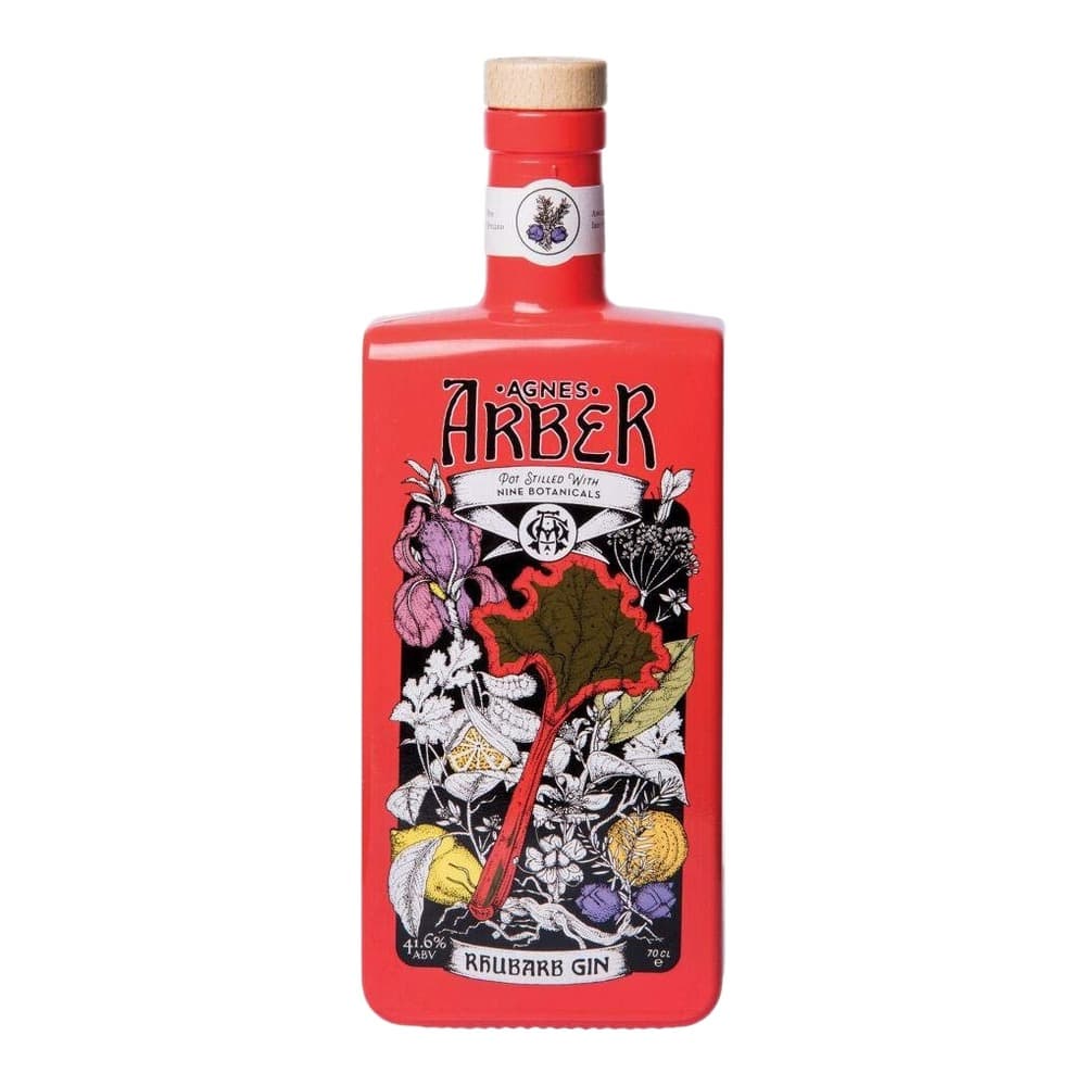A bright red 70cl bottle of Agnes Arber Rhubarb Gin with a wooden cork, featuring botanical illustrations and a white label band against a white background.