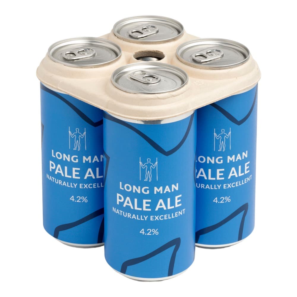 A cardboard 4-pack carrier containing four blue cans of Long Man Pale Ale with a cream-coloured top handle, displayed against a white background.