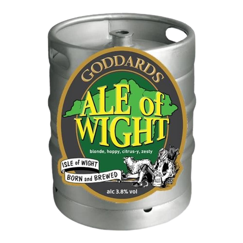 A silver metal beer keg with a Coddards Ale of Wight label featuring green and yellow text on a dark background, showing 3.8% alcohol content.