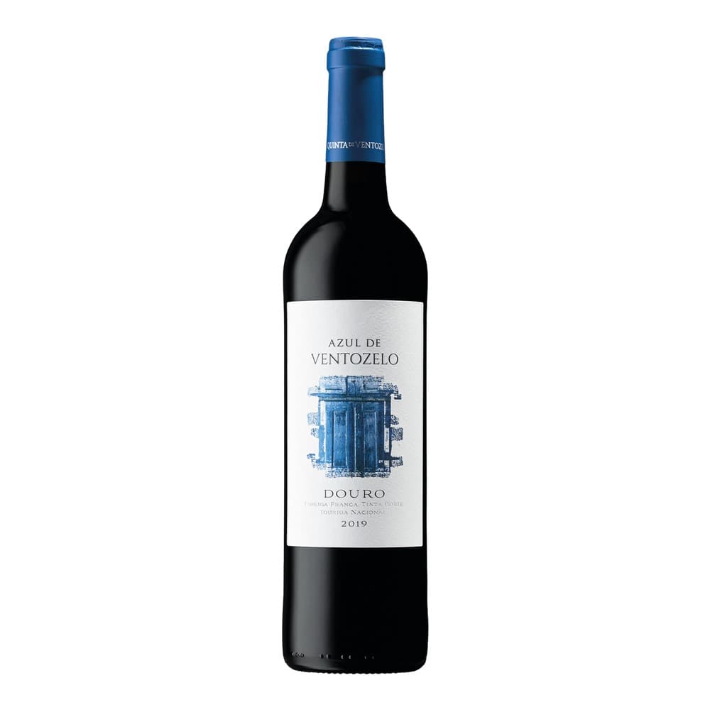 A bottle of Azul de Ventozelo Douro red wine from 2019, featuring a blue foil cap and white label with a blue door illustration, isolated on a white background.