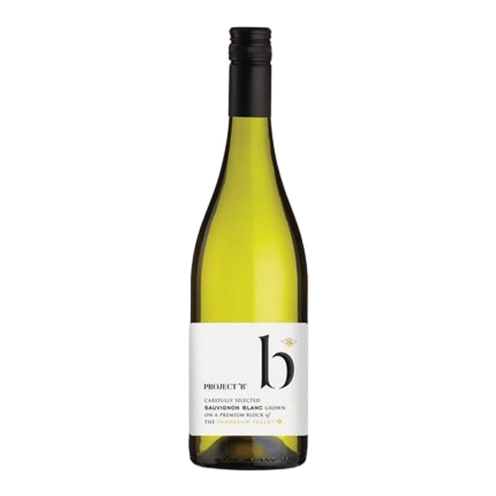 A bottle of Sauvignon Blanc wine with a white label and black cap on a plain white background.