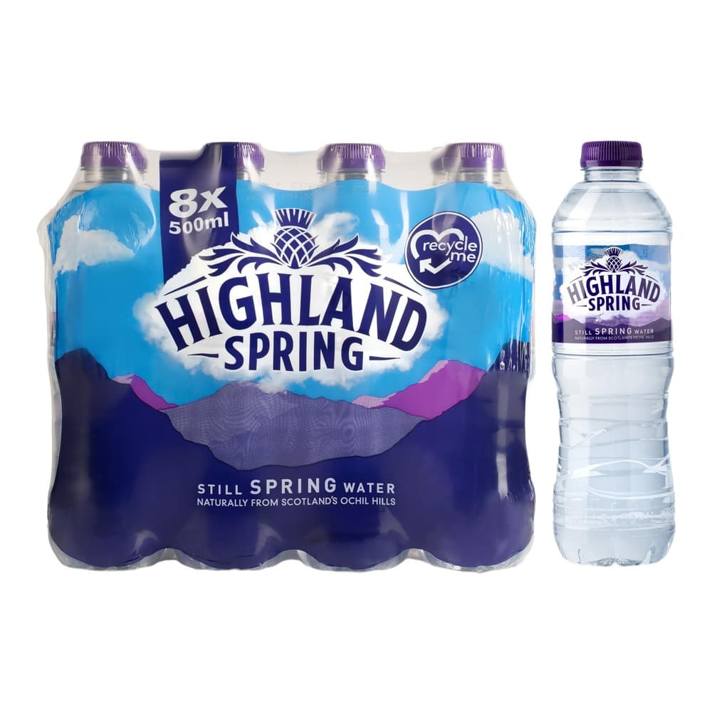 Highland Spring still spring water multipack containing eight 500ml bottles with purple caps, displayed alongside a single 500ml bottle on white background