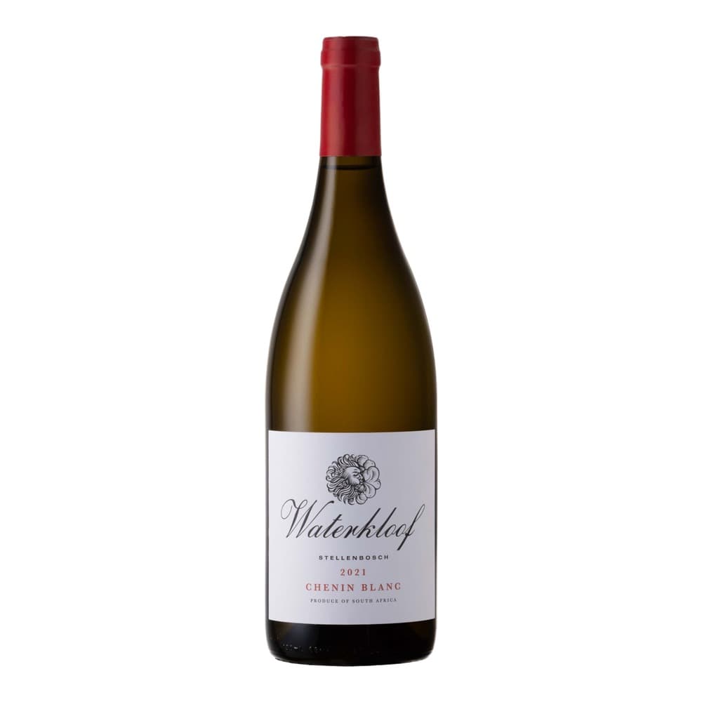 A bottle of Waterkloof Stellenbosch Chenin Blanc 2021 white wine with a red foil cap and white label against a plain white background.