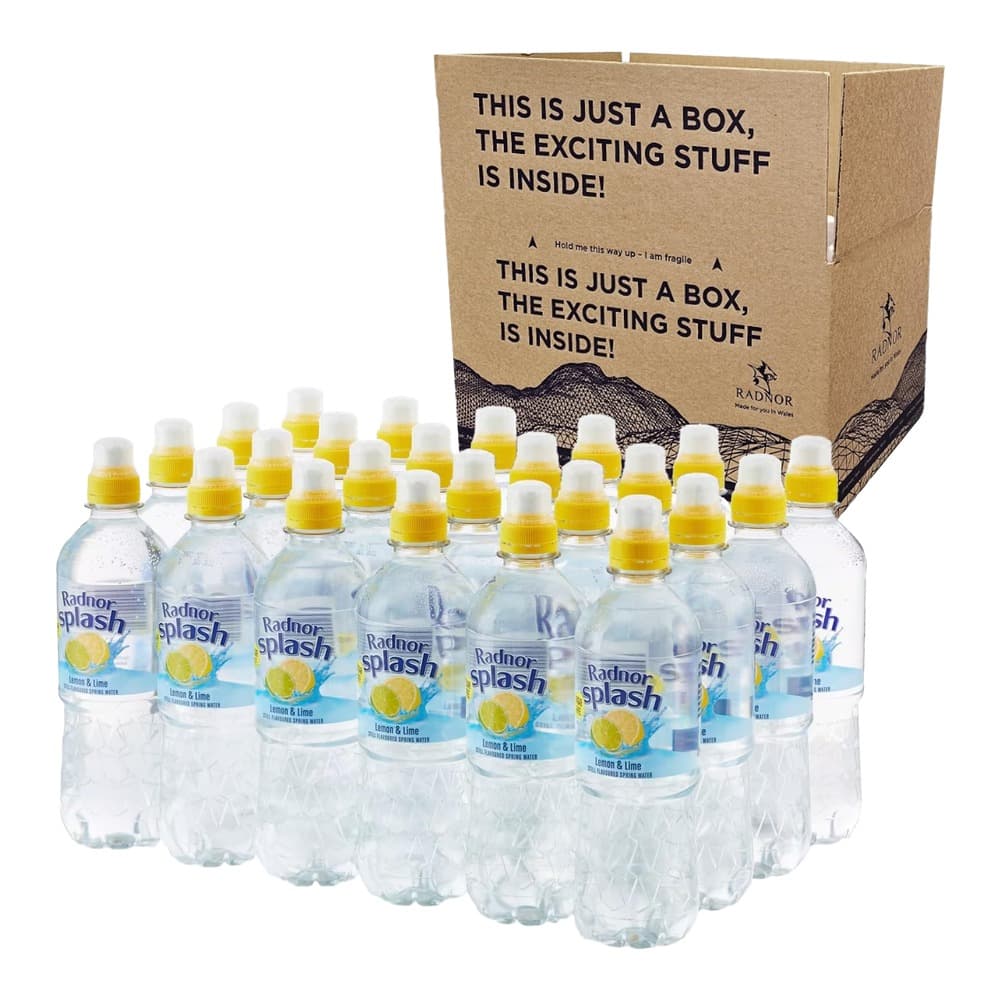 Multiple bottles of Radnor Splash Lemon & Lime flavoured spring water with yellow caps arranged in front of a cardboard case box on a white background