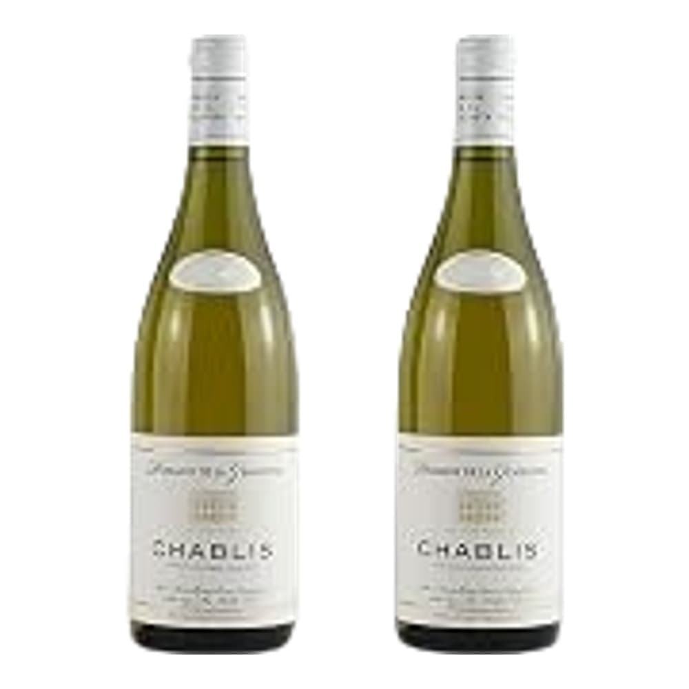 Two bottles of Chablis white wine displayed side by side against a white background