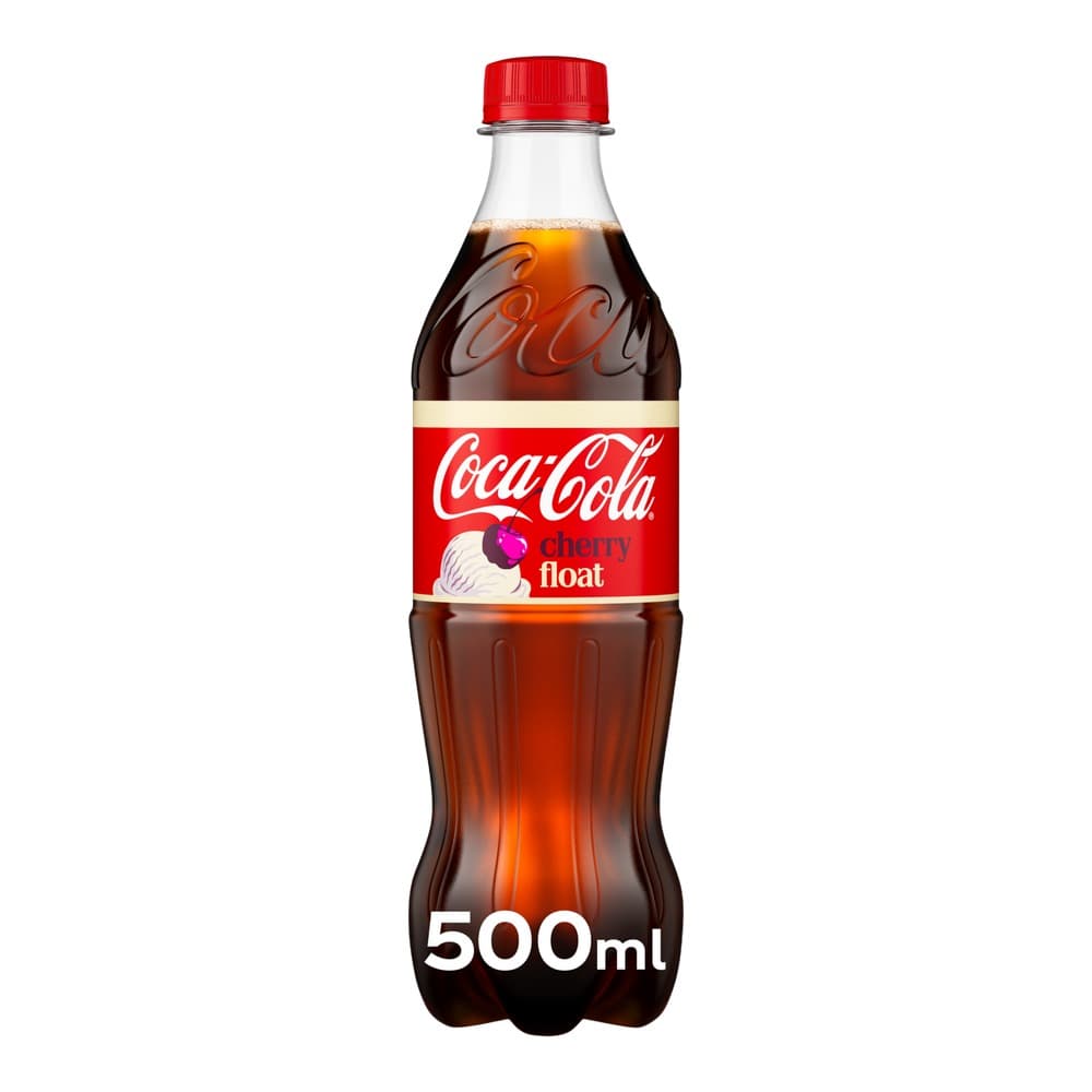 A 500ml bottle of Coca-Cola Cherry Float with a red cap and label featuring white Coca-Cola branding, cherry imagery, and whipped cream illustration on a white background.