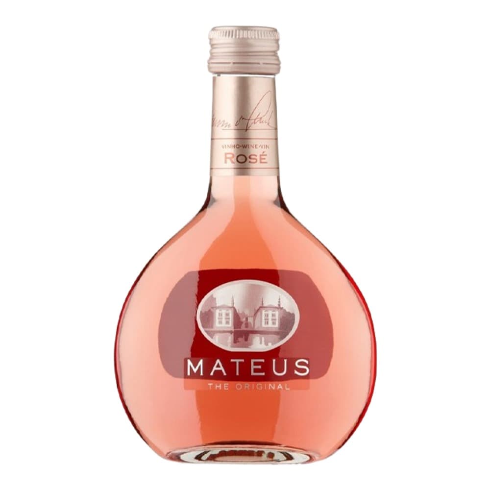 A bottle of Mateus Rosé wine with a pale pink liquid against a white background, featuring the brand's distinctive oval label with a house illustration.