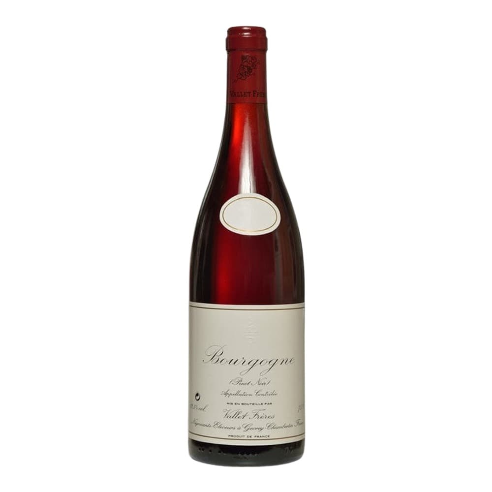 A bottle of Bourgogne Pinot Noir red wine with a cream-coloured label against a white background.