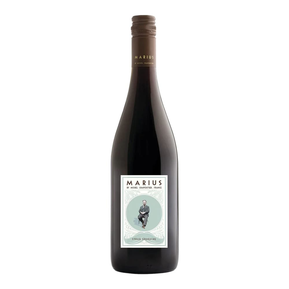 A bottle of Marius Syrah Grenache red wine by Michel Chapoutier from France, featuring a white label with a portrait illustration on a plain white background.