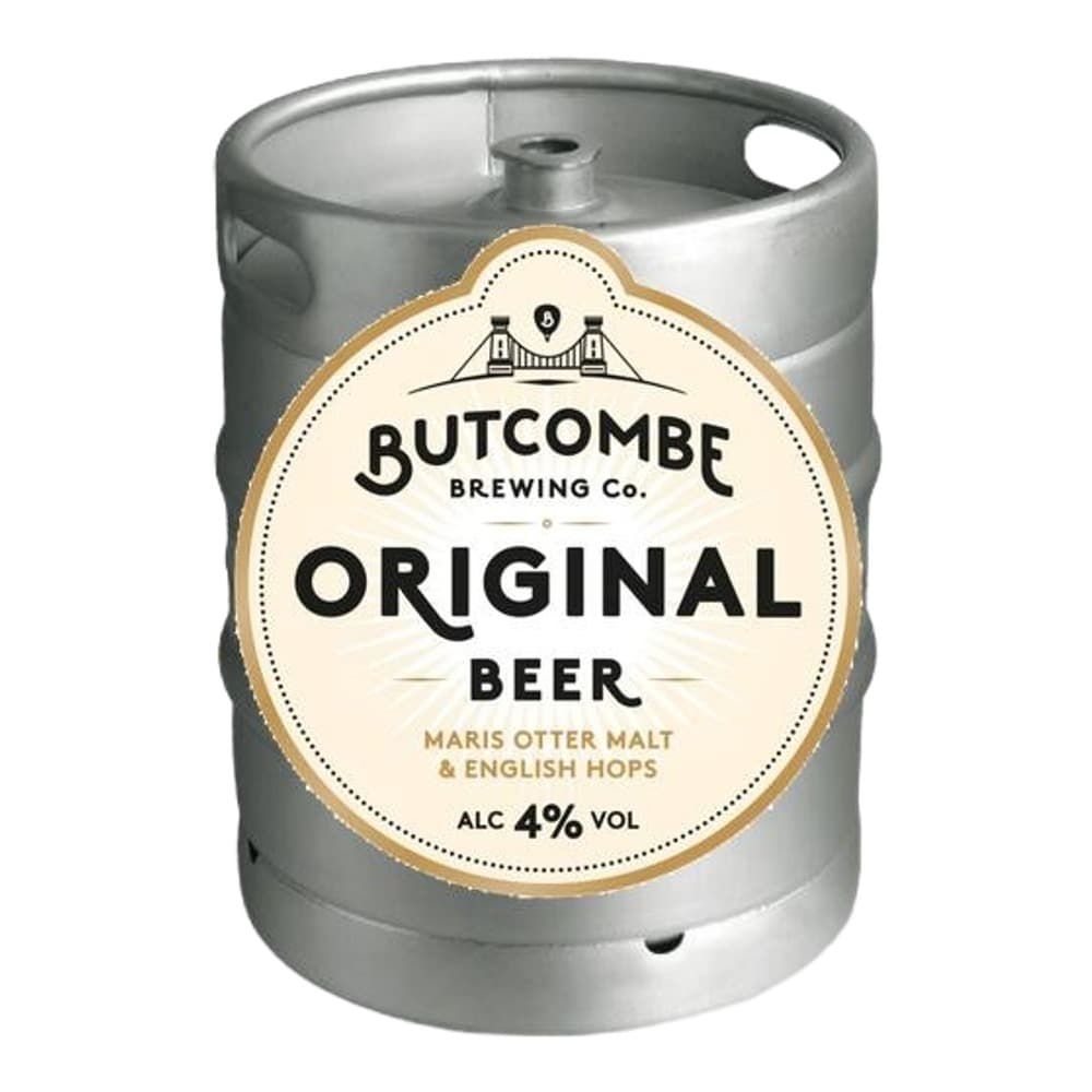 A metallic silver beer keg with a cream-coloured label reading 'Butcombe Brewing Co. Original Beer' featuring a bridge illustration, indicating Maris Otter malt and English hops, 4% alcohol by volume.