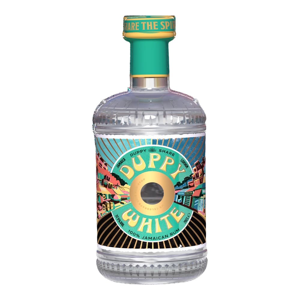 A clear glass bottle of Duppy Share Jamaican rum with a teal and gold label featuring a circular sun motif, set against a black background.