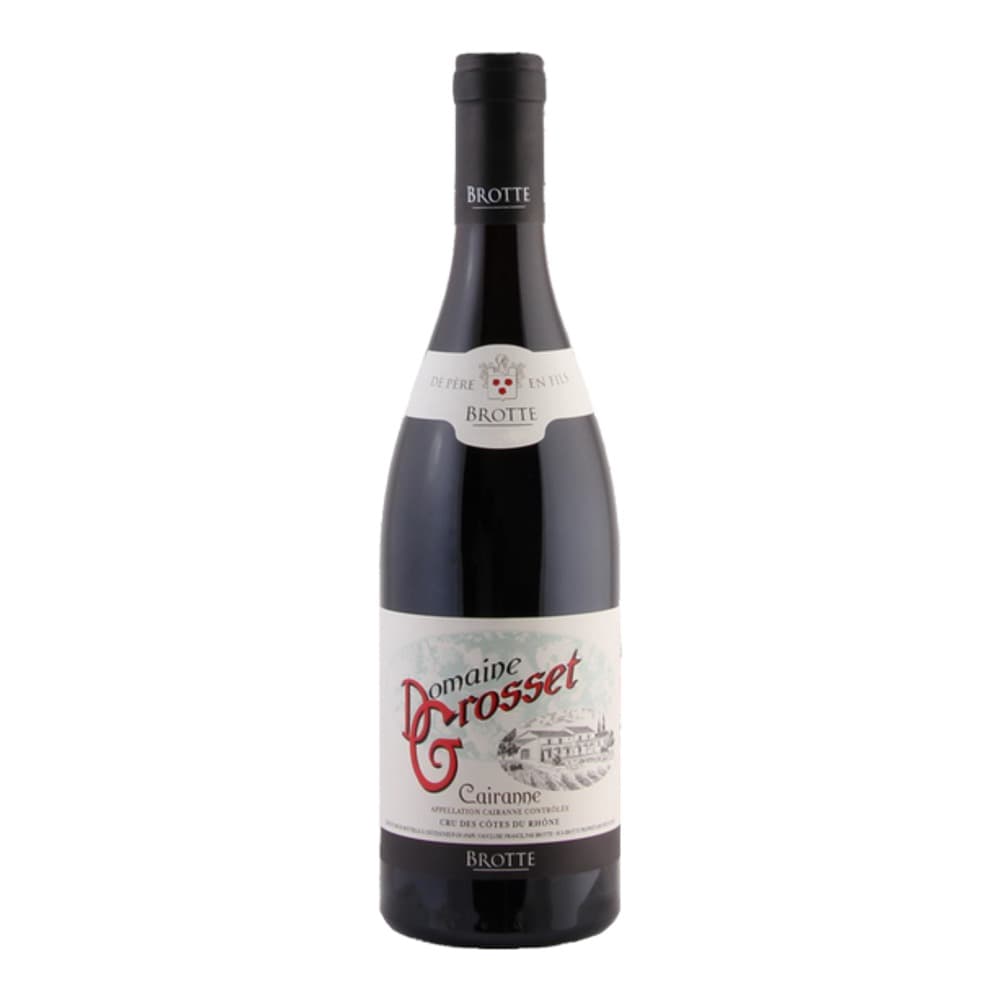 A bottle of Domaine Grosset Cairanne red wine positioned against a white background with the Pinewood Wine logo in the top right corner.
