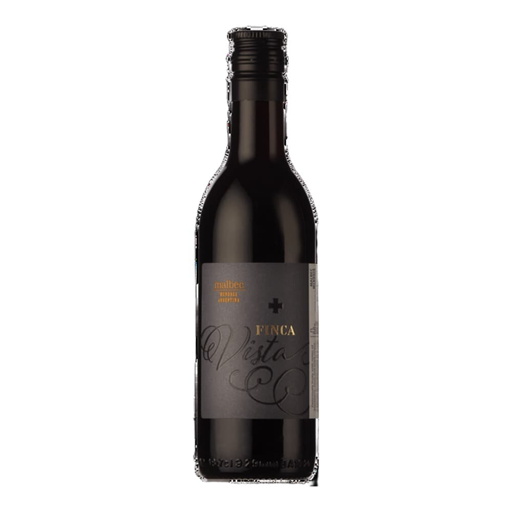 A dark glass bottle of Punca Malbec red wine with a charcoal grey label against a white background.
