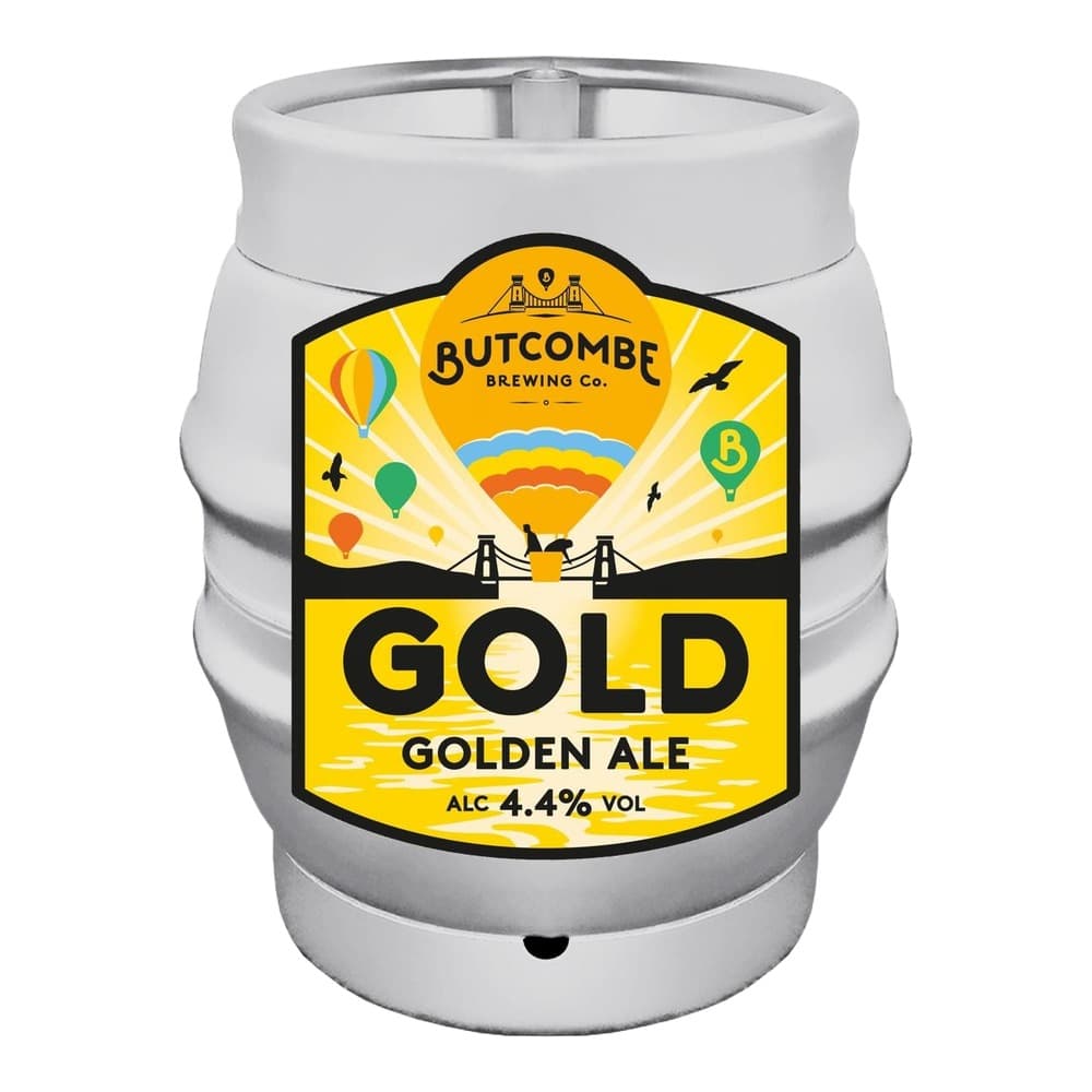 A silver mini keg with a bright yellow label for Butcombe Brewing Co. Gold Golden Ale, featuring hot air balloons and bridges in the design, with 4.4% alcohol content displayed.