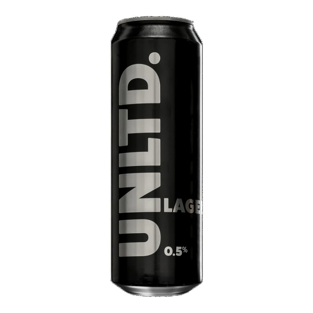 A black aluminium can of Odin Lage 0.5% low-alcohol lager featuring silver lettering and branding on a white background.