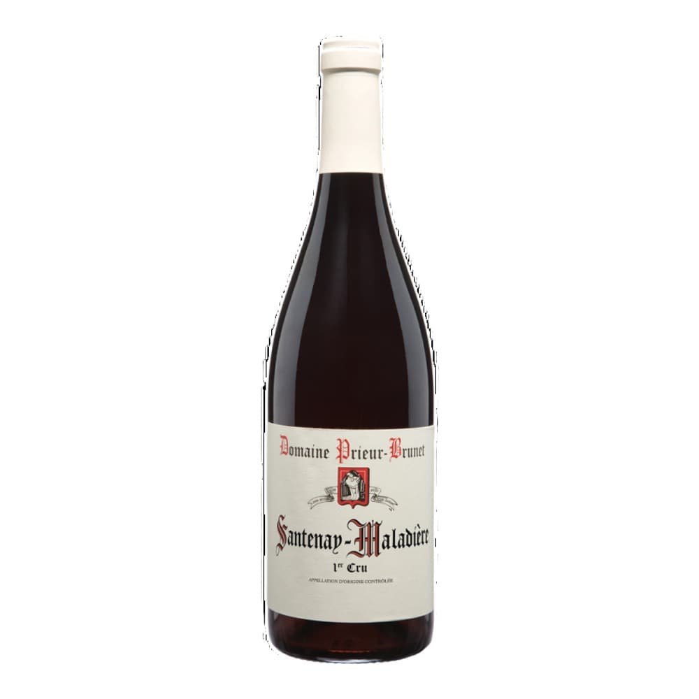 A bottle of Domaine Prieur-Brunet Santenay-Maladière 1er Cru red wine with a cream-coloured capsule and beige label on a white background.