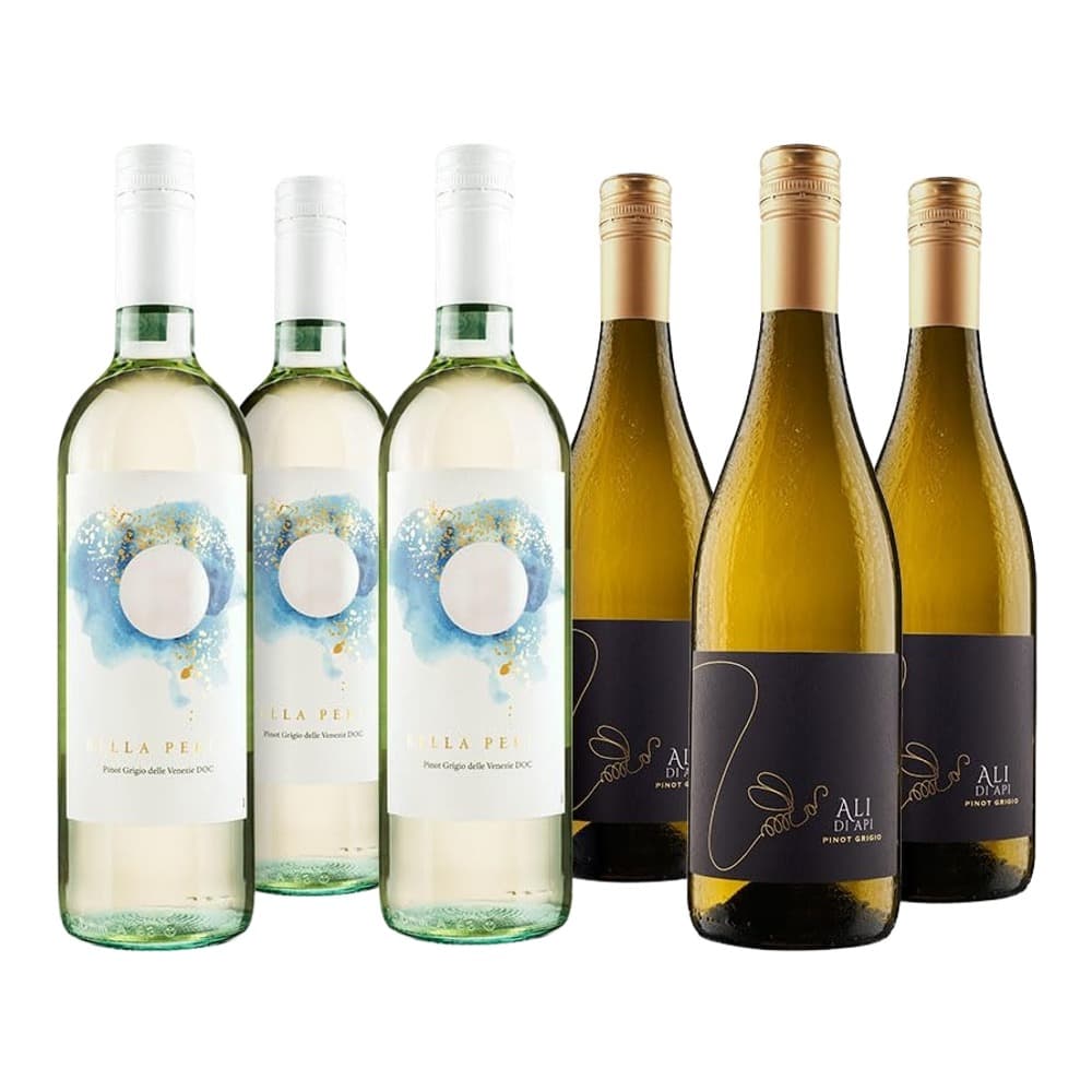 Six wine bottles displayed on a white background, consisting of three white wines with blue and gold labels on the left, and three white wines with black labels and gold foil caps on the right.