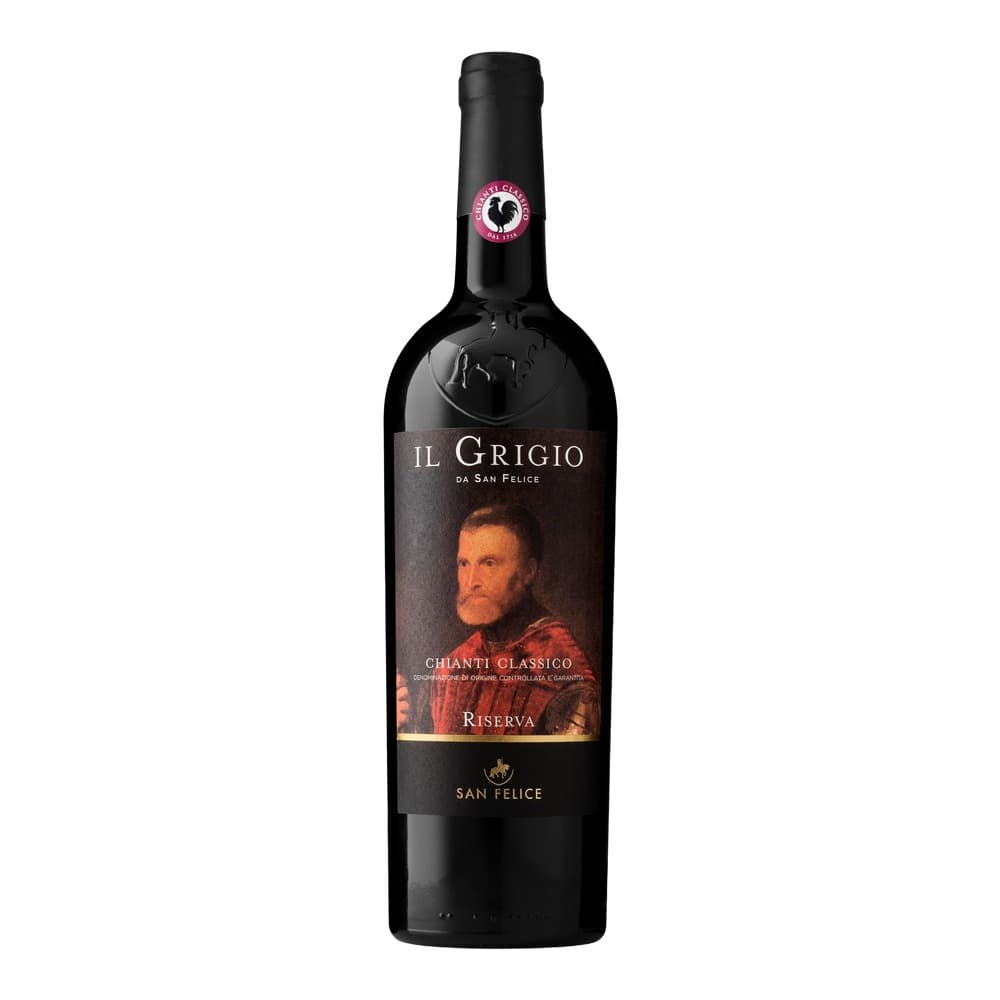 A black wine bottle of Il Grigio Chianti Classico Riserva from San Felice, featuring a portrait label on a white background.