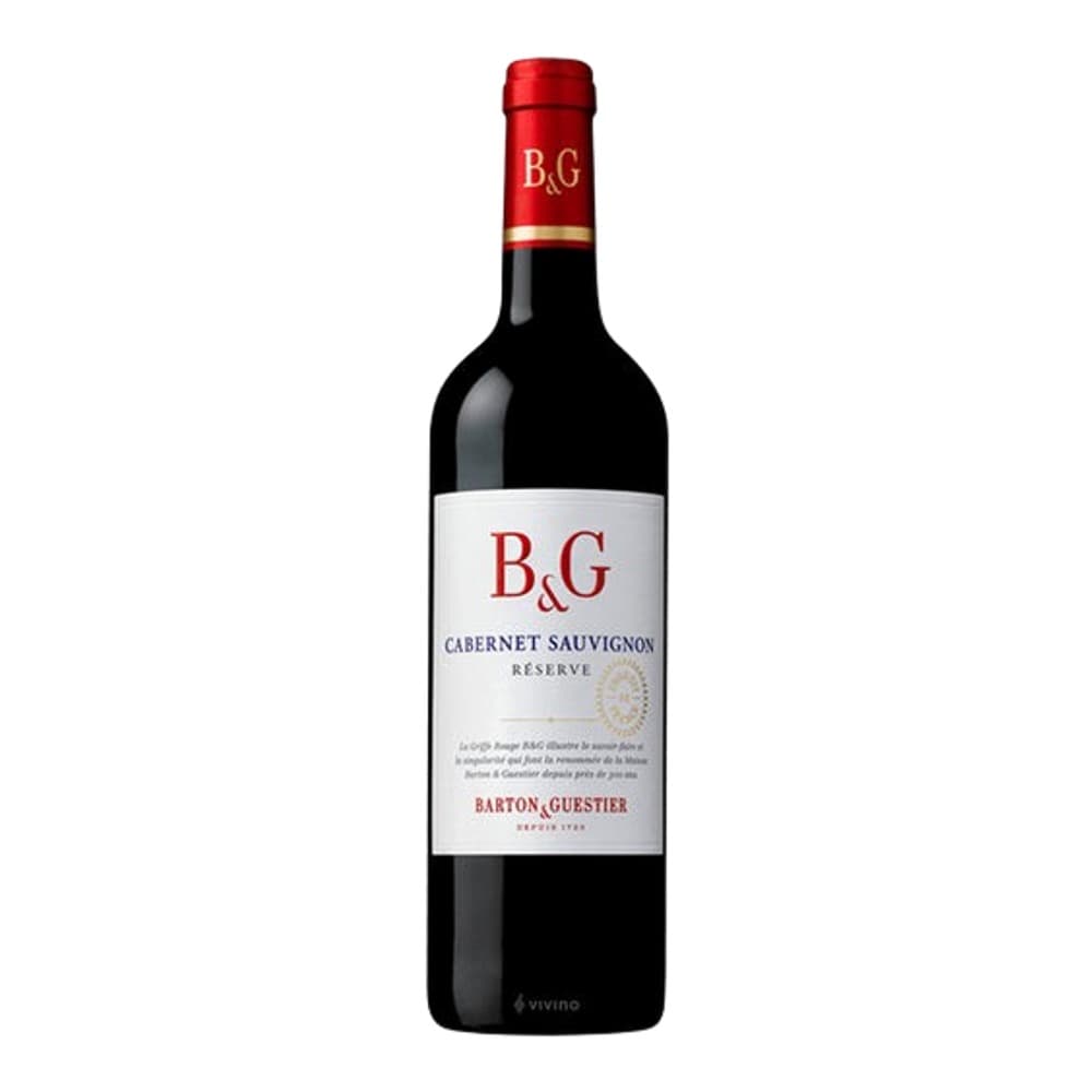 A bottle of B&G Cabernet Sauvignon Reserve red wine with a red foil cap and white label, photographed against a plain white background.
