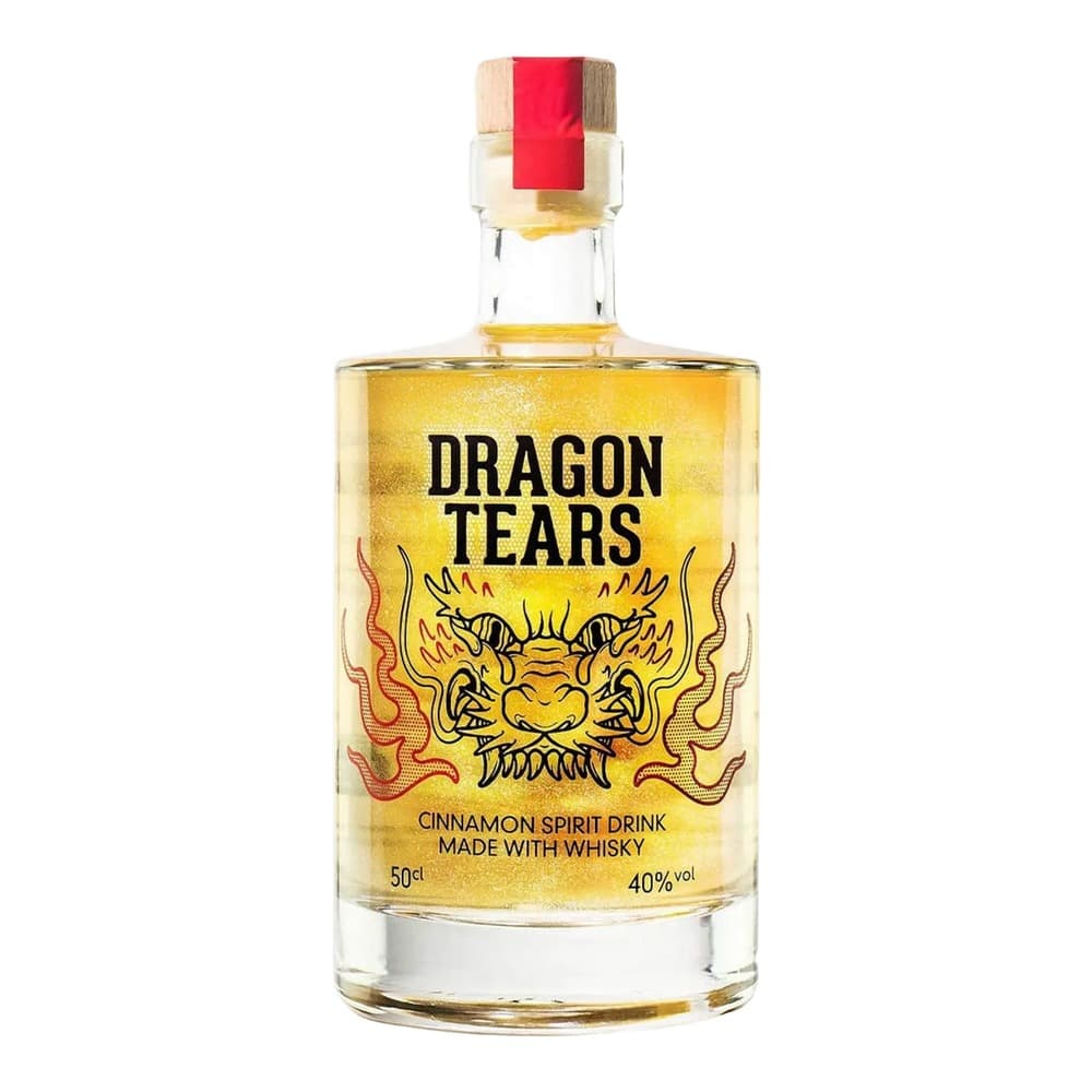 A bottle of Dragon Tears cinnamon spirit drink with a golden yellow liquid, featuring a dragon illustration on the label and a red and natural wood stopper, isolated on a white background.