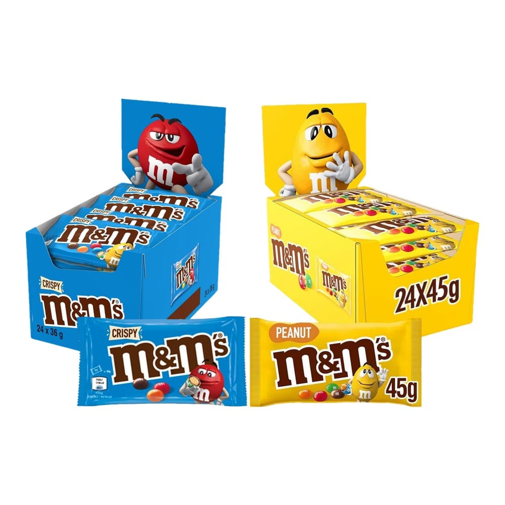 M&M's chocolate candy products displayed as retail boxes and individual packets, featuring red Crispy variant and yellow Peanut variant with animated mascot characters.