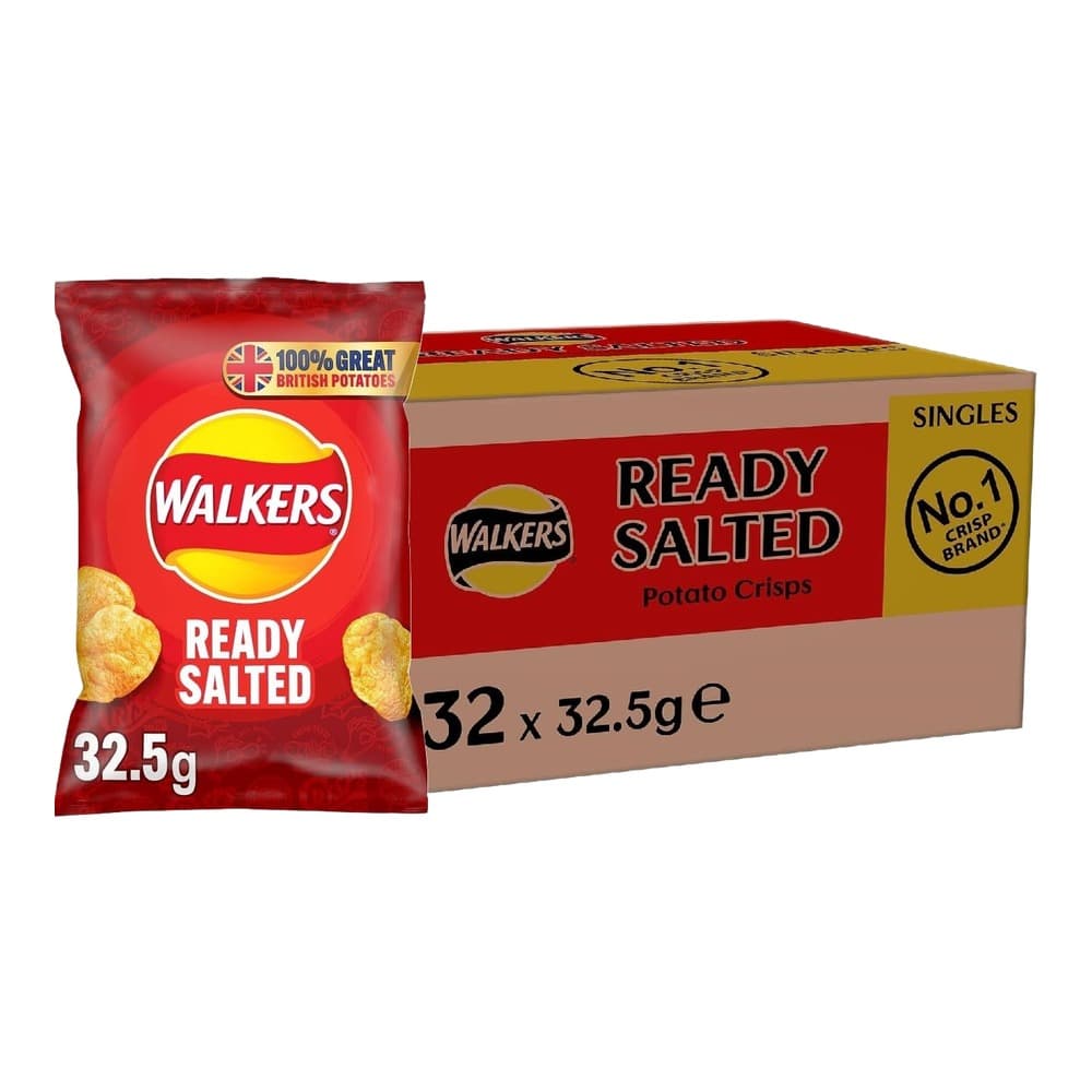 Walkers Ready Salted Potato Crisps single packet and box of 32 x 32.5g packets displayed against white background