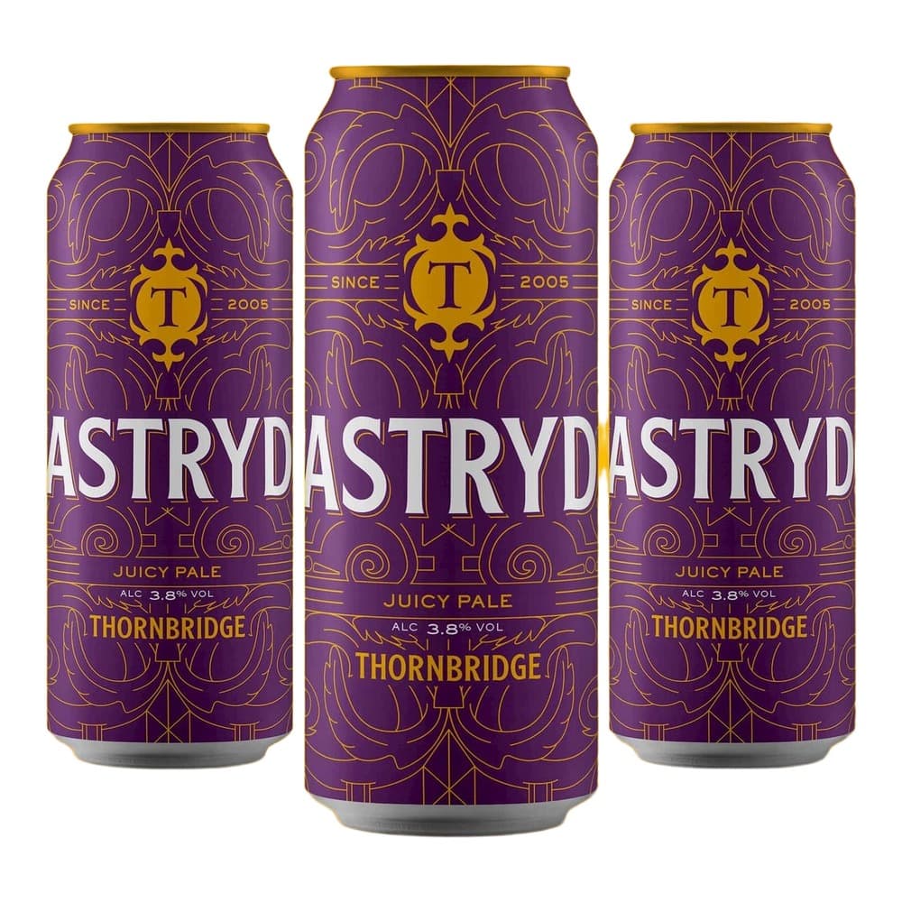 Three purple cans of Astryd Juicy Pale Ale by Thornbridge brewery on a golden yellow background, featuring ornate gold decorative patterns and branding.