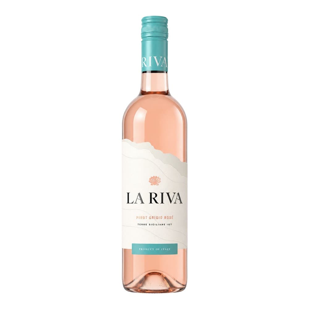 A bottle of La Riva Pinot Grigio Rosé wine with a turquoise cap and white label featuring a mountain design, displayed against a white background.