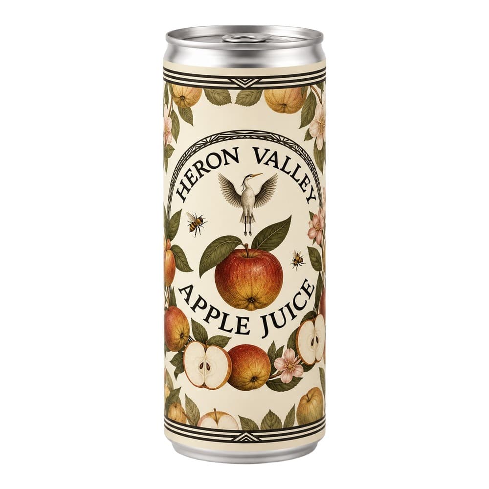A cylindrical aluminium can of Heron Valley apple juice with a cream-coloured label featuring botanical illustrations of apples, flowers, a heron, and bees against a white background.