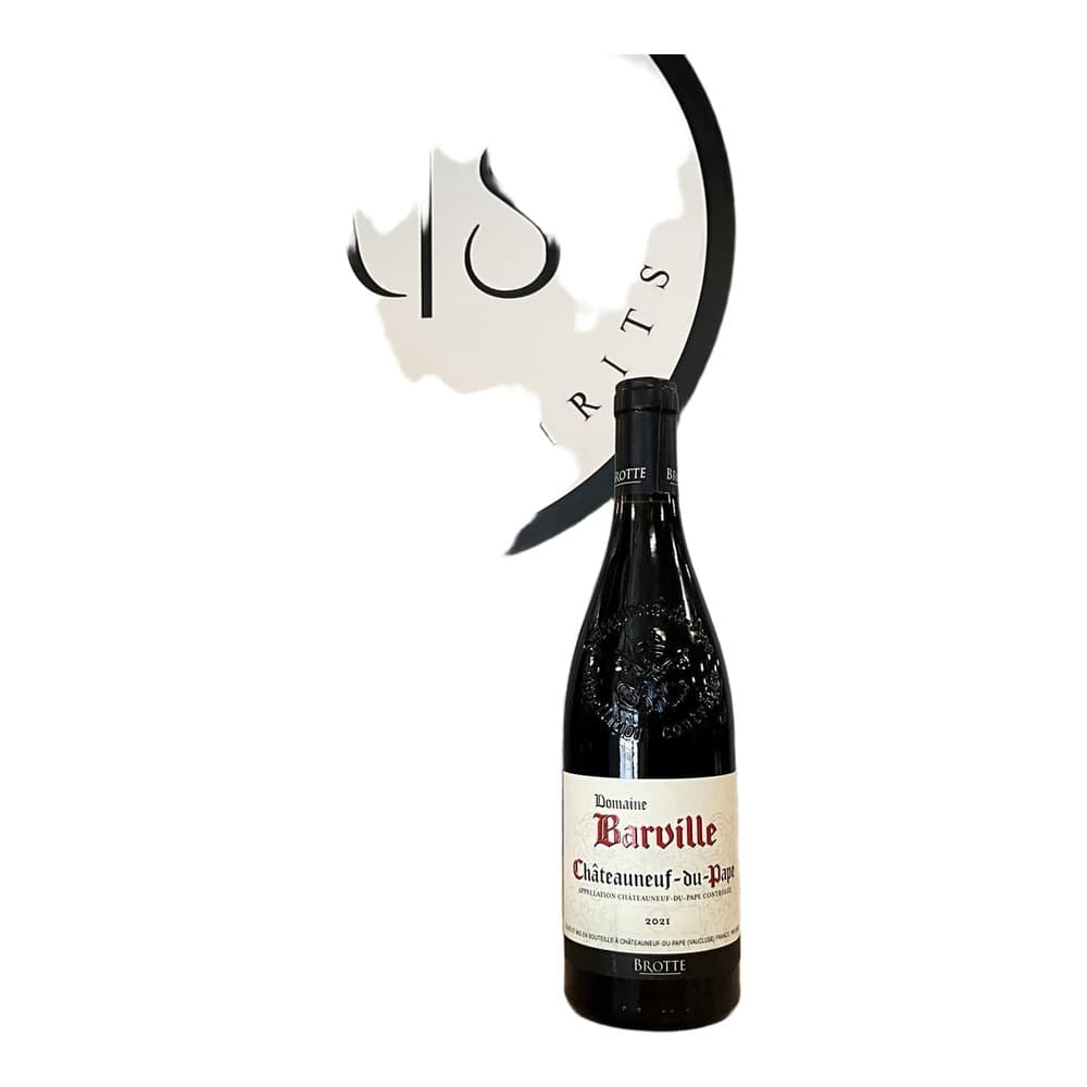 A bottle of Domaine Barville Châteauneuf-du-Pape wine displayed on a wooden surface in front of a circular MLS Midtown Spirits logo on a herringbone wall.