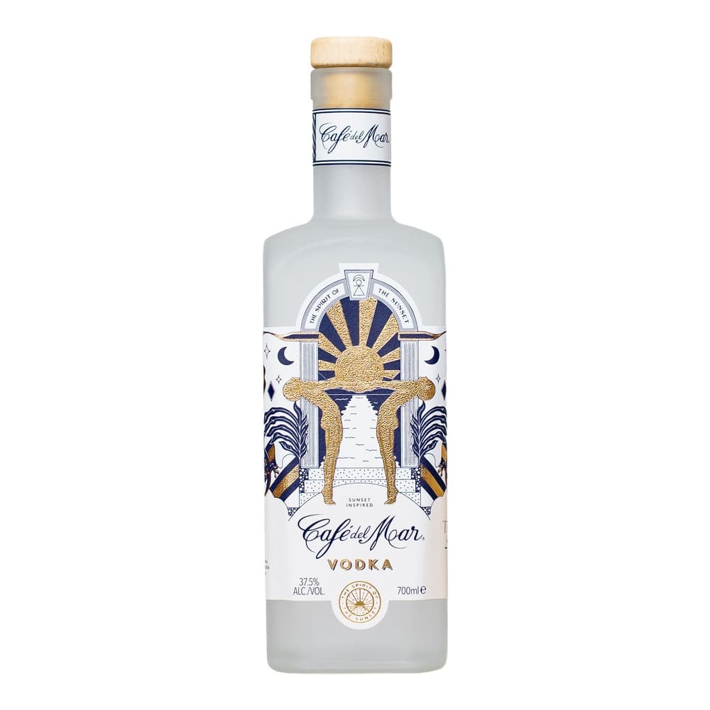 A bottle of Café del Mar vodka with a wooden cap and ornate art deco-inspired label featuring gold and navy blue design elements.