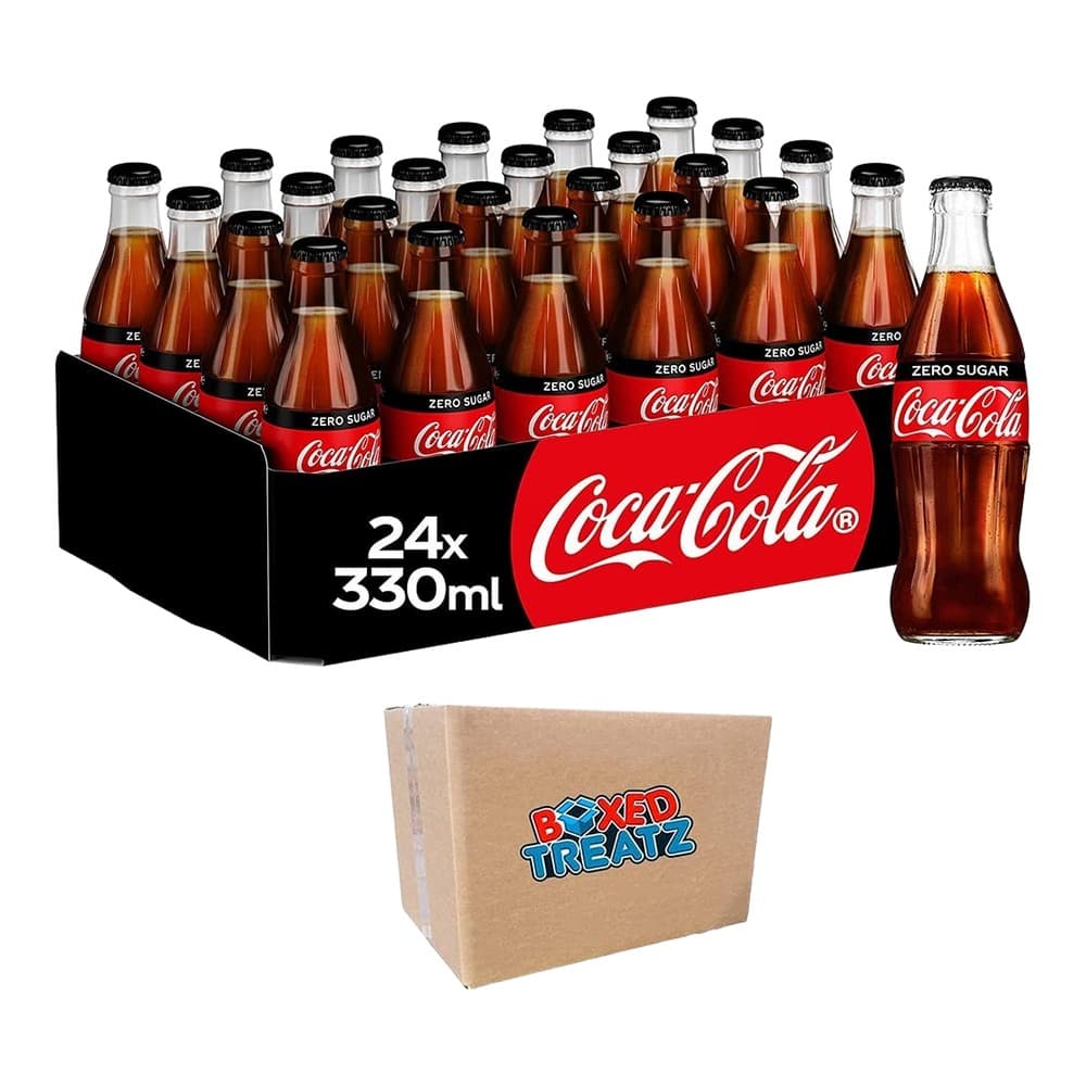 A display of 24 Coca-Cola Zero Sugar glass bottles in 330ml size arranged in a branded black and red cardboard box with a single bottle shown separately on the right, alongside a Boxed Treatz branded carton below.