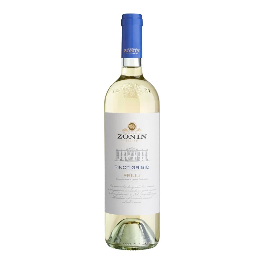 A bottle of Zonin Pinot Grigio Friuli white wine with a blue foil capsule and white label against a plain white background.